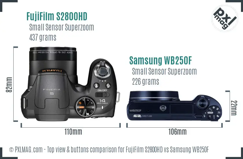 FujiFilm S2800HD vs Samsung WB250F top view buttons comparison