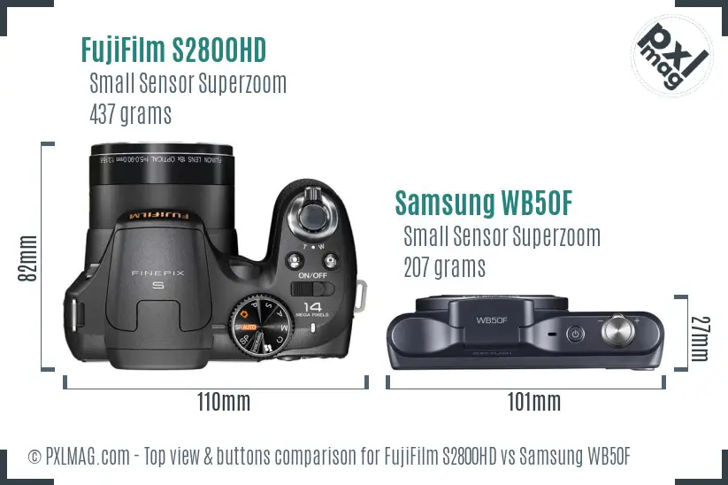 FujiFilm S2800HD vs Samsung WB50F top view buttons comparison