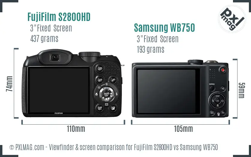 FujiFilm S2800HD vs Samsung WB750 Screen and Viewfinder comparison