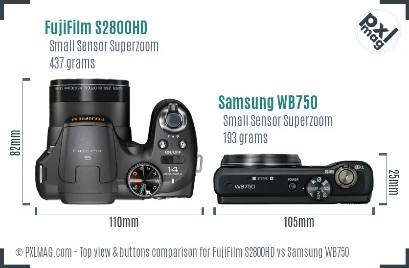 FujiFilm S2800HD vs Samsung WB750 top view buttons comparison