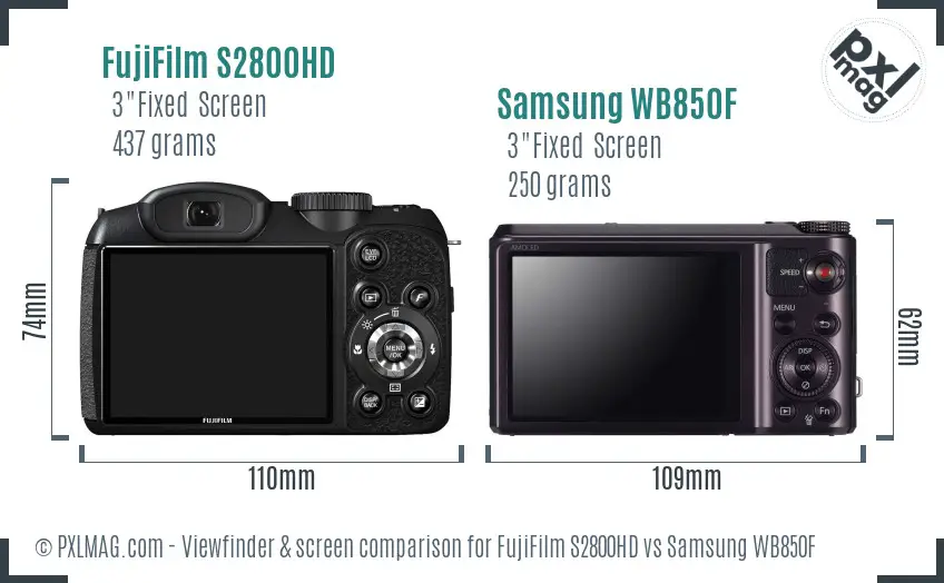 FujiFilm S2800HD vs Samsung WB850F Screen and Viewfinder comparison