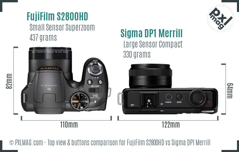 FujiFilm S2800HD vs Sigma DP1 Merrill top view buttons comparison