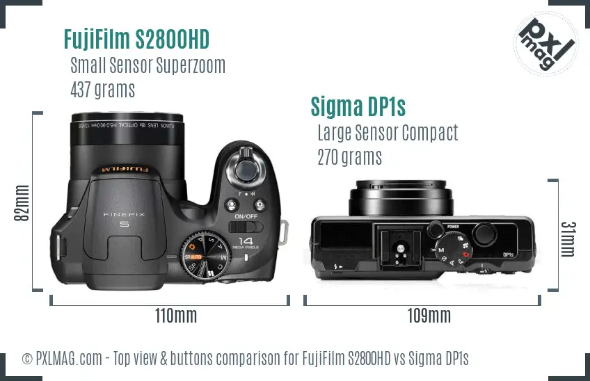 FujiFilm S2800HD vs Sigma DP1s top view buttons comparison