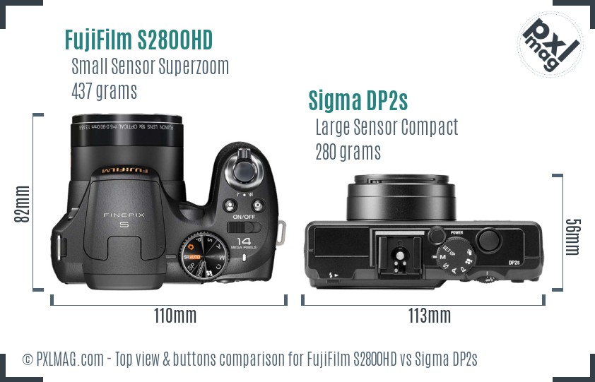 FujiFilm S2800HD vs Sigma DP2s top view buttons comparison