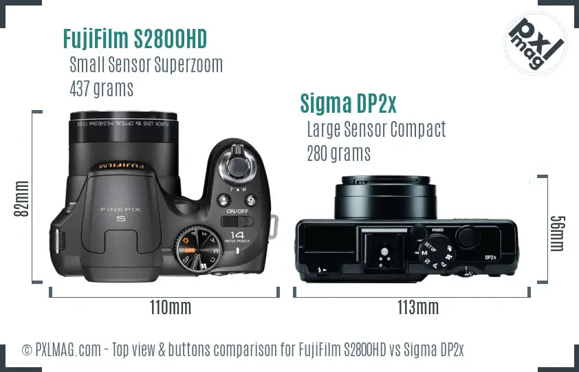 FujiFilm S2800HD vs Sigma DP2x top view buttons comparison