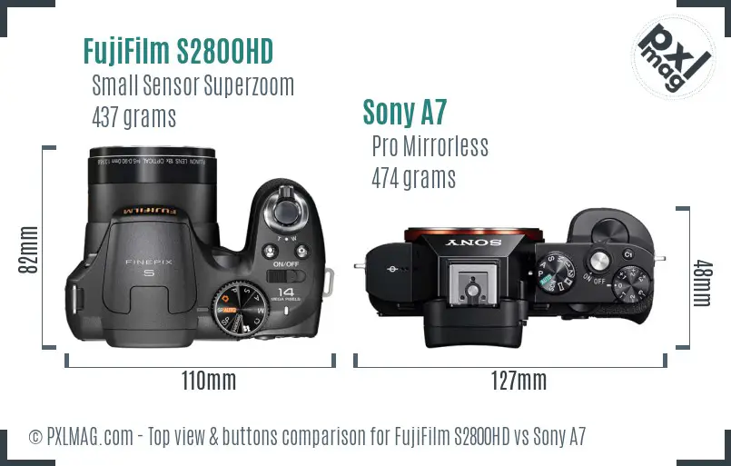 FujiFilm S2800HD vs Sony A7 top view buttons comparison
