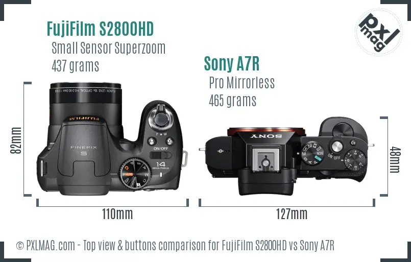 FujiFilm S2800HD vs Sony A7R top view buttons comparison