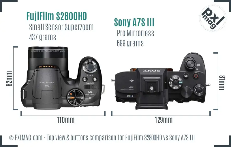FujiFilm S2800HD vs Sony A7S III top view buttons comparison