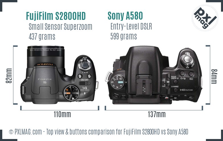 FujiFilm S2800HD vs Sony A580 top view buttons comparison