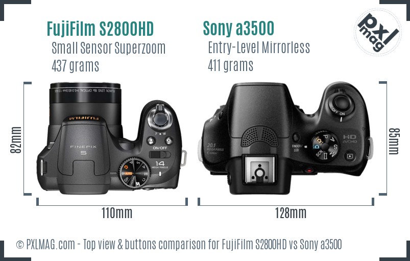 FujiFilm S2800HD vs Sony a3500 top view buttons comparison
