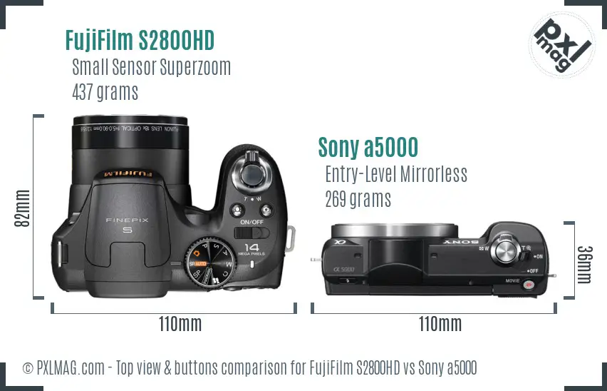 FujiFilm S2800HD vs Sony a5000 top view buttons comparison