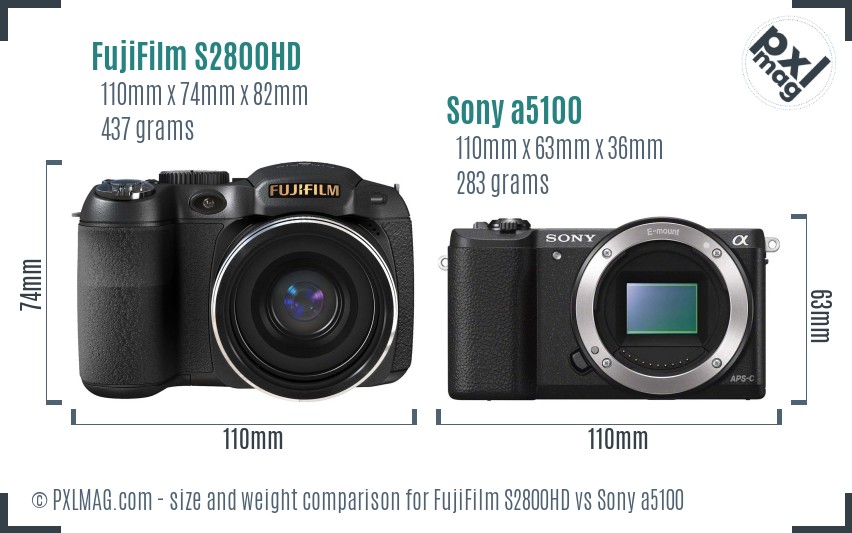 FujiFilm S2800HD vs Sony a5100 size comparison