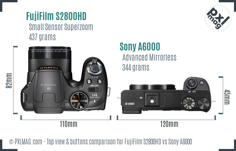FujiFilm S2800HD vs Sony A6000 top view buttons comparison