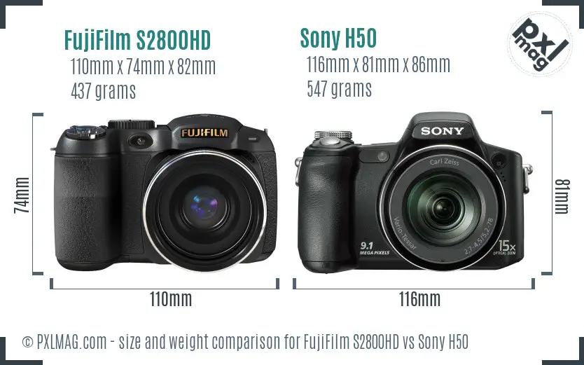 FujiFilm S2800HD vs Sony H50 size comparison