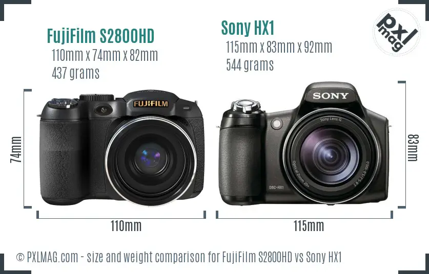 FujiFilm S2800HD vs Sony HX1 size comparison