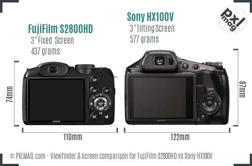 FujiFilm S2800HD vs Sony HX100V Screen and Viewfinder comparison