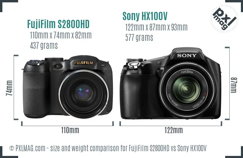 FujiFilm S2800HD vs Sony HX100V size comparison