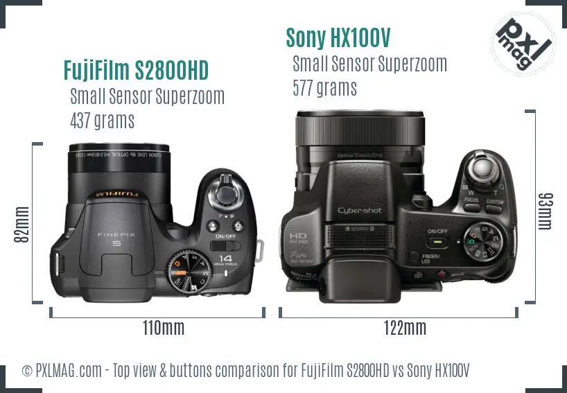 FujiFilm S2800HD vs Sony HX100V top view buttons comparison