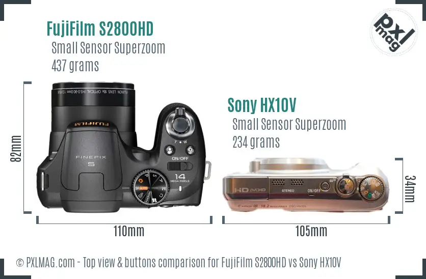 FujiFilm S2800HD vs Sony HX10V top view buttons comparison FujiFilm S2800HD vs Sony HX10V top view buttons comparison