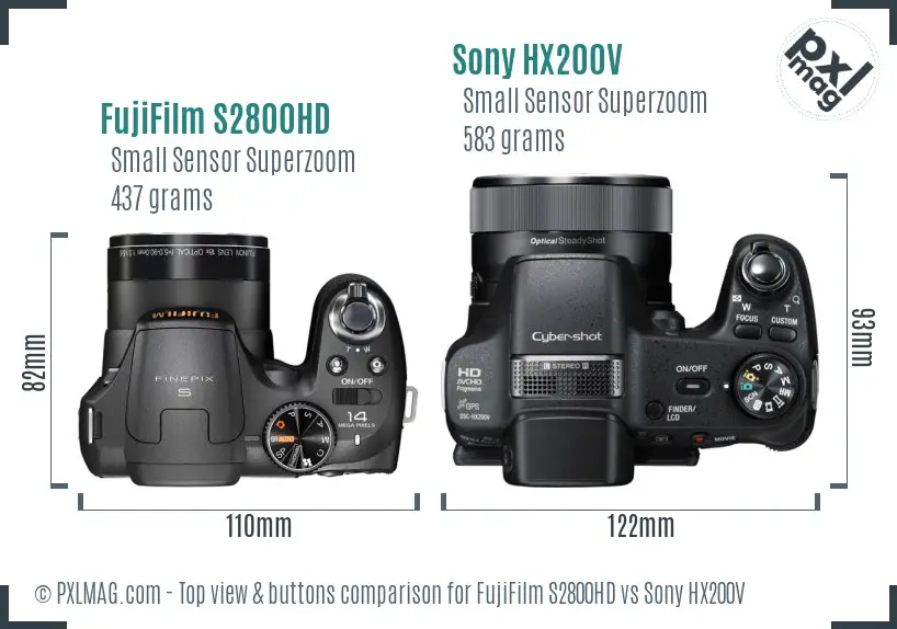 FujiFilm S2800HD vs Sony HX200V top view buttons comparison FujiFilm S2800HD vs Sony HX200V top view buttons comparison