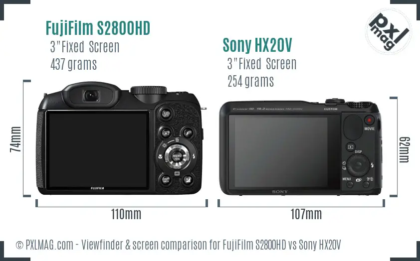 FujiFilm S2800HD vs Sony HX20V Screen and Viewfinder comparison