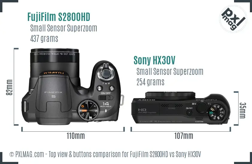 FujiFilm S2800HD vs Sony HX30V top view buttons comparison