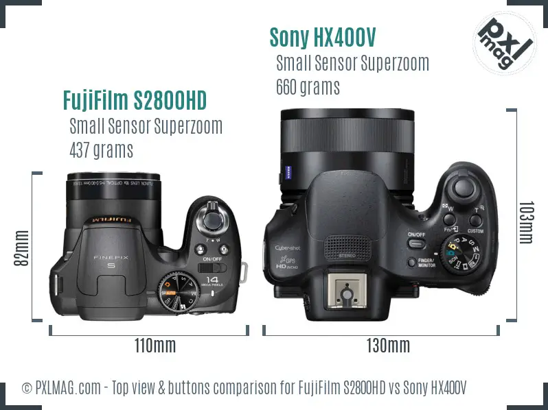 FujiFilm S2800HD vs Sony HX400V top view buttons comparison