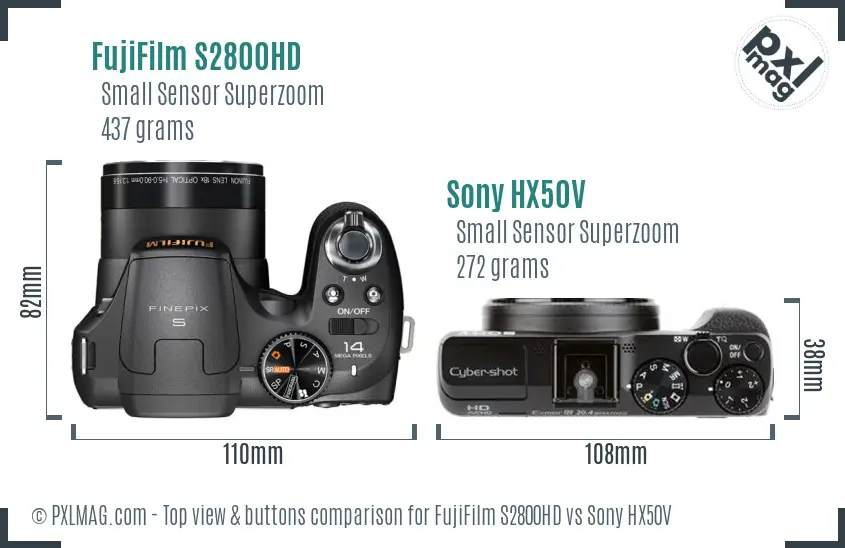 FujiFilm S2800HD vs Sony HX50V top view buttons comparison