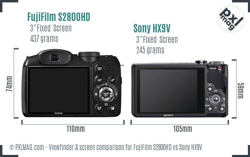 FujiFilm S2800HD vs Sony HX9V Screen and Viewfinder comparison