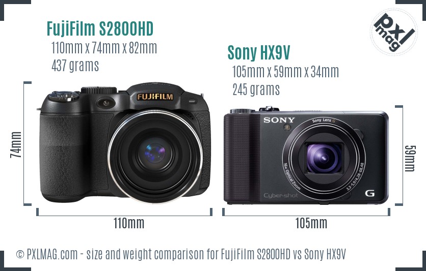 FujiFilm S2800HD vs Sony HX9V size comparison FujiFilm S2800HD vs Sony HX9V size comparison