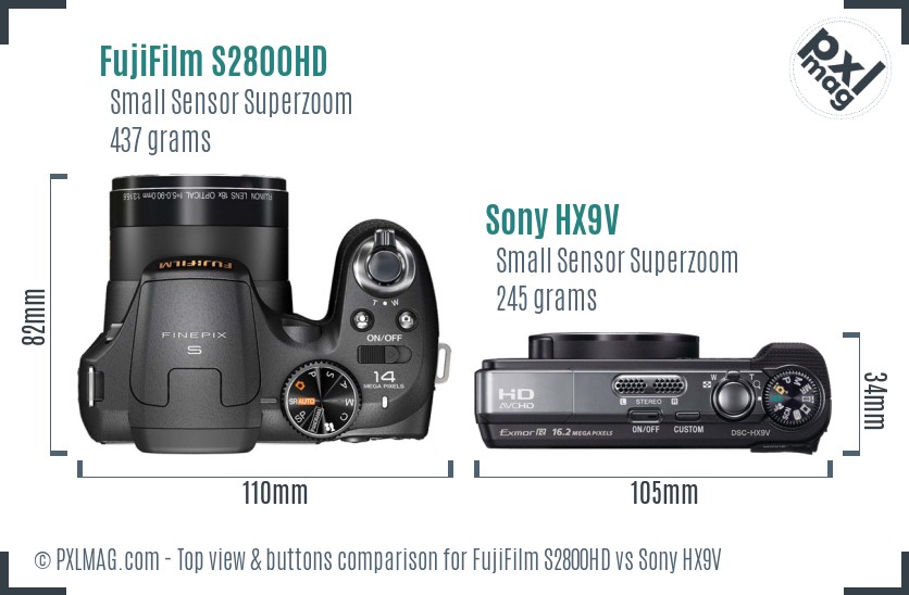 FujiFilm S2800HD vs Sony HX9V top view buttons comparison