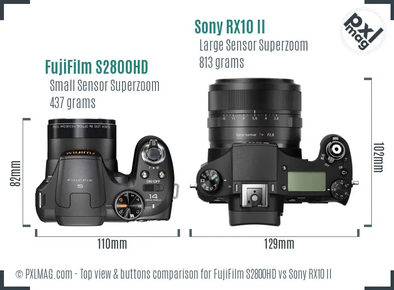 FujiFilm S2800HD vs Sony RX10 II top view buttons comparison