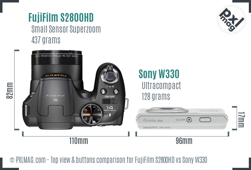 FujiFilm S2800HD vs Sony W330 top view buttons comparison
