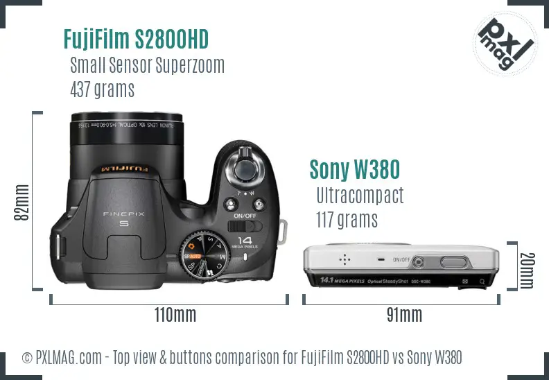 FujiFilm S2800HD vs Sony W380 top view buttons comparison FujiFilm S2800HD vs Sony W380 top view buttons comparison