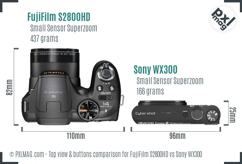 FujiFilm S2800HD vs Sony WX300 top view buttons comparison FujiFilm S2800HD vs Sony WX300 top view buttons comparison