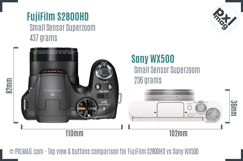 FujiFilm S2800HD vs Sony WX500 top view buttons comparison