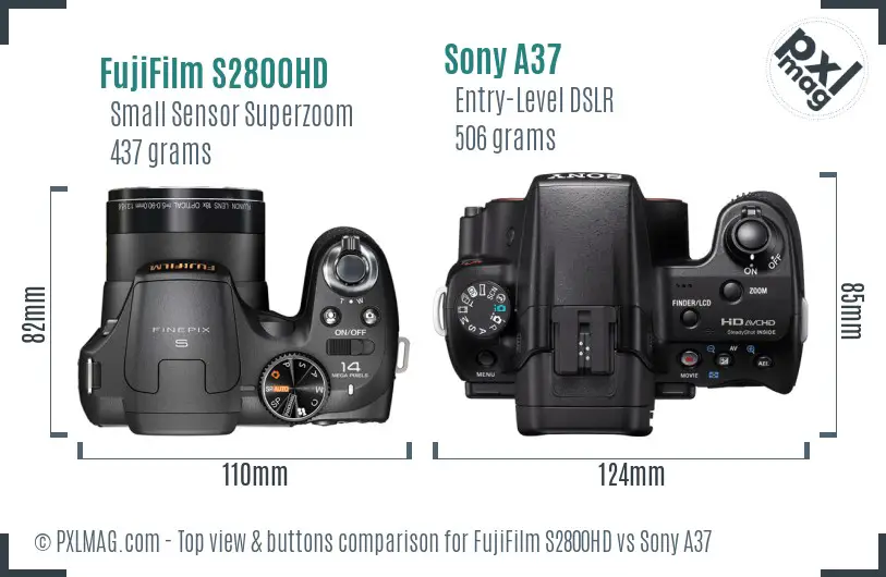 FujiFilm S2800HD vs Sony A37 top view buttons comparison
