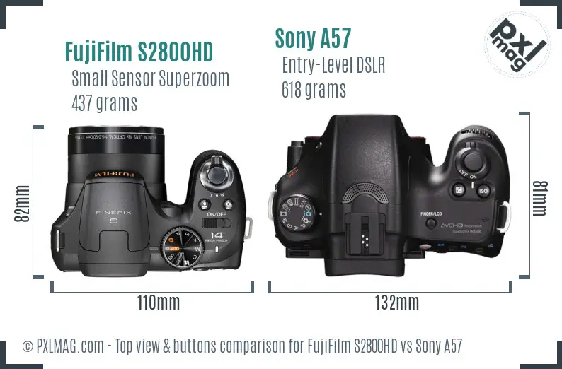 FujiFilm S2800HD vs Sony A57 top view buttons comparison FujiFilm S2800HD vs Sony A57 top view buttons comparison