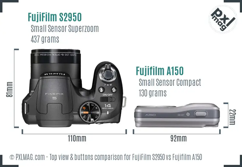 FujiFilm S2950 vs Fujifilm A150 top view buttons comparison