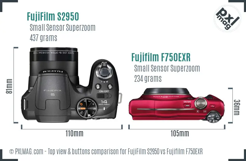 FujiFilm S2950 vs Fujifilm F750EXR top view buttons comparison