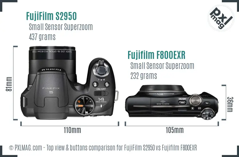 FujiFilm S2950 vs Fujifilm F800EXR top view buttons comparison