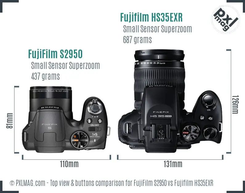 FujiFilm S2950 vs Fujifilm HS35EXR top view buttons comparison
