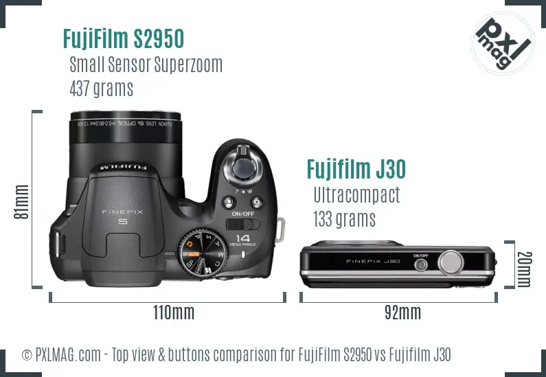 FujiFilm S2950 vs Fujifilm J30 top view buttons comparison FujiFilm S2950 vs Fujifilm J30 top view buttons comparison
