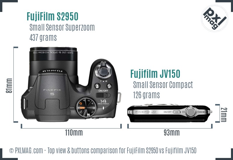 FujiFilm S2950 vs Fujifilm JV150 top view buttons comparison