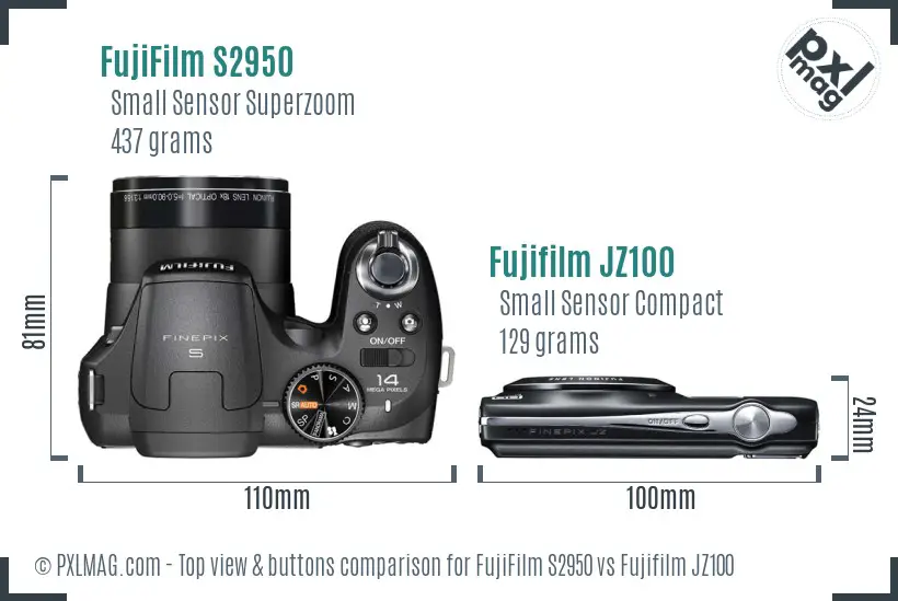 FujiFilm S2950 vs Fujifilm JZ100 top view buttons comparison FujiFilm S2950 vs Fujifilm JZ100 top view buttons comparison