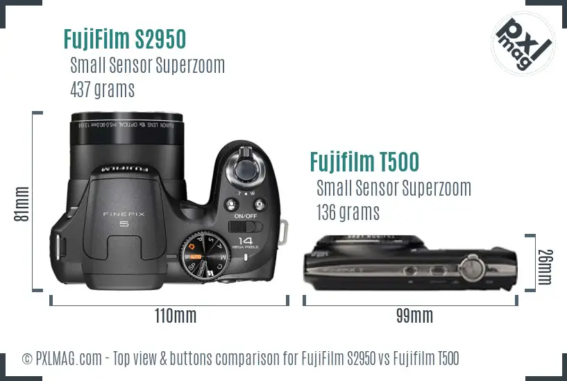 FujiFilm S2950 vs Fujifilm T500 top view buttons comparison