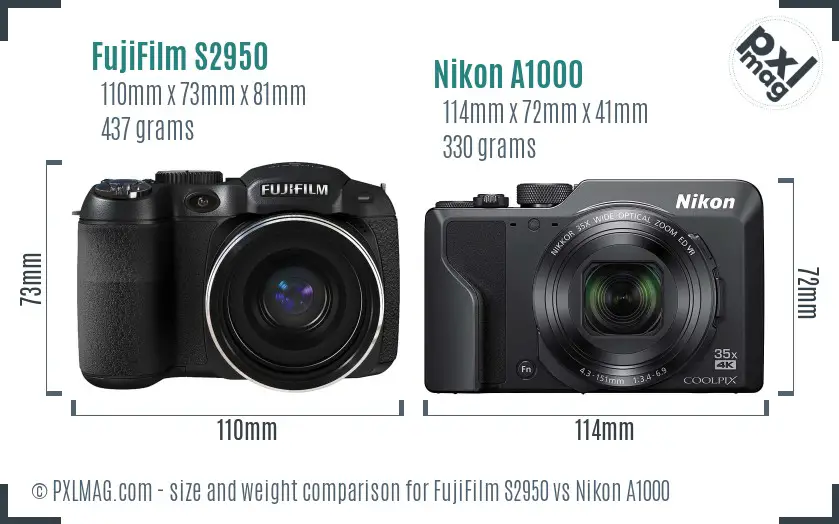 FujiFilm S2950 vs Nikon A1000 size comparison