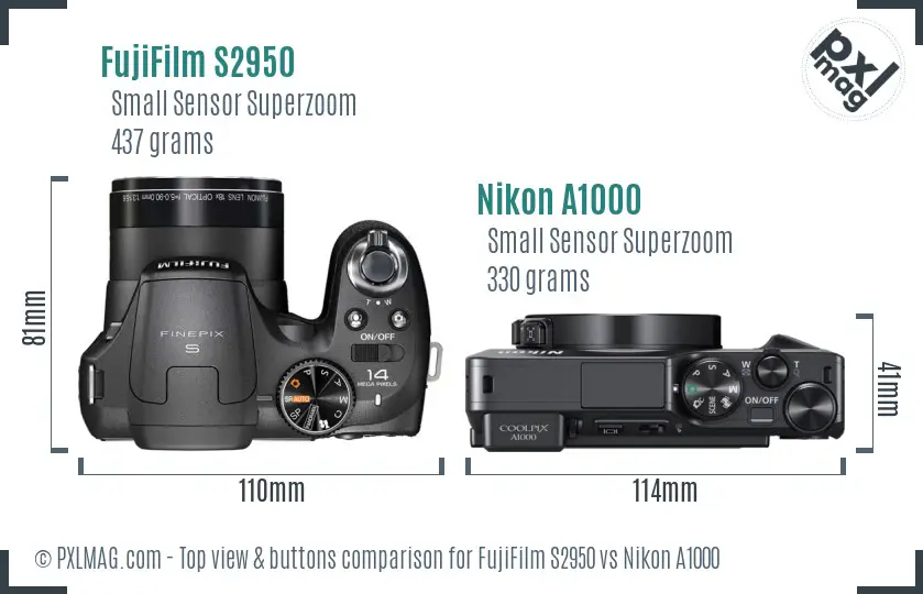 FujiFilm S2950 vs Nikon A1000 top view buttons comparison