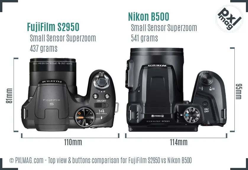 FujiFilm S2950 vs Nikon B500 top view buttons comparison