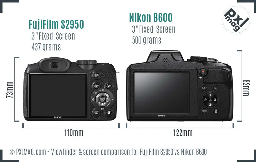 FujiFilm S2950 vs Nikon B600 Screen and Viewfinder comparison